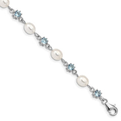 Sterling Silver Rhodium Blue CZ FW Cultured Pearl Bracelet QG2388-7