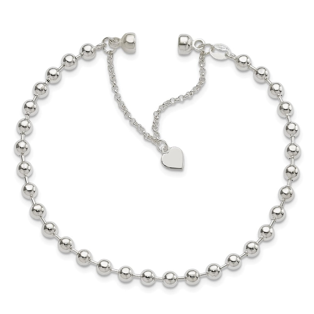 Sterling Silver Polished 4MM Beaded Dangling Heart 7.5 inch Charm Bracelet with Magnetic Clasp QG2745-7.5