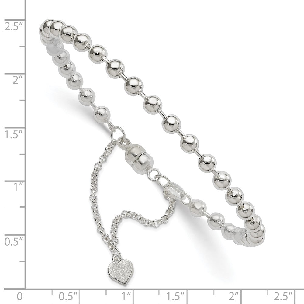 Sterling Silver Polished 4MM Beaded Dangling Heart 7.5 inch Charm Bracelet with Magnetic Clasp QG2745-7.5