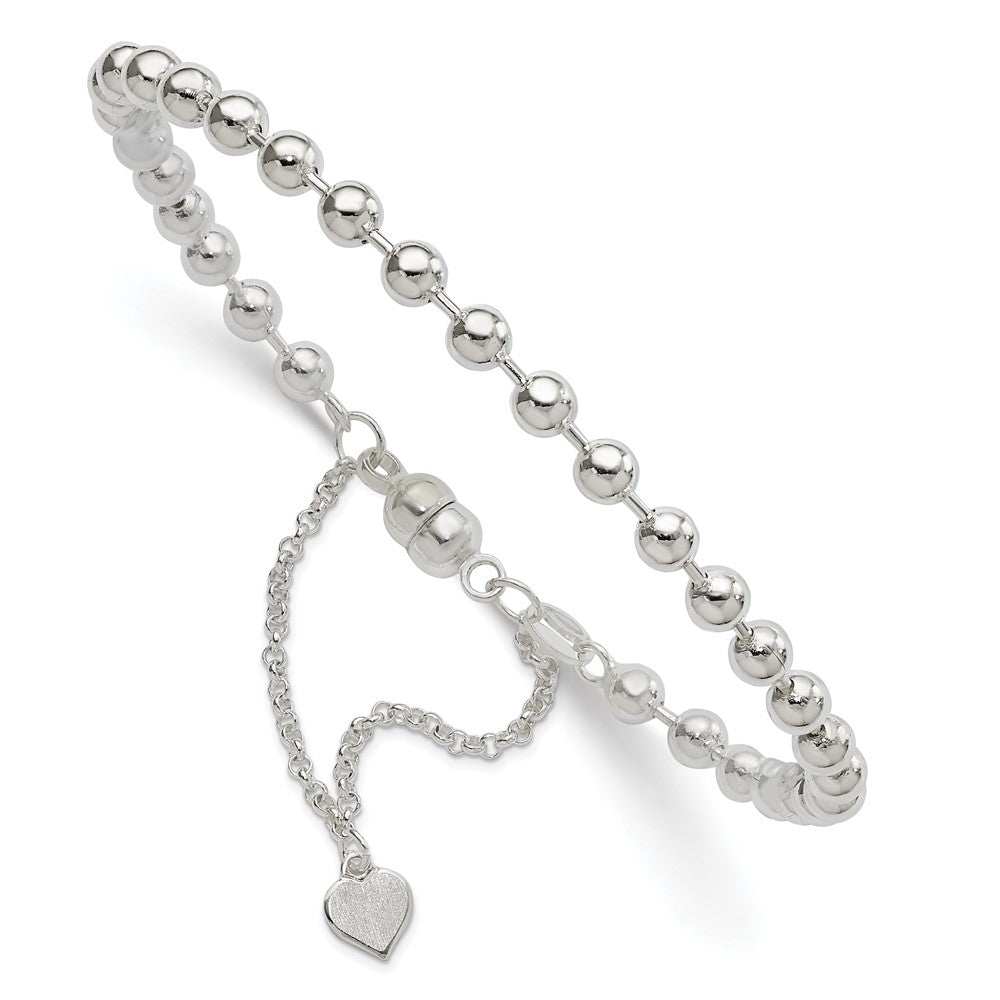 Sterling Silver Polished 4MM Beaded Dangling Heart 7.5 inch Charm Bracelet with Magnetic Clasp QG2745-7.5