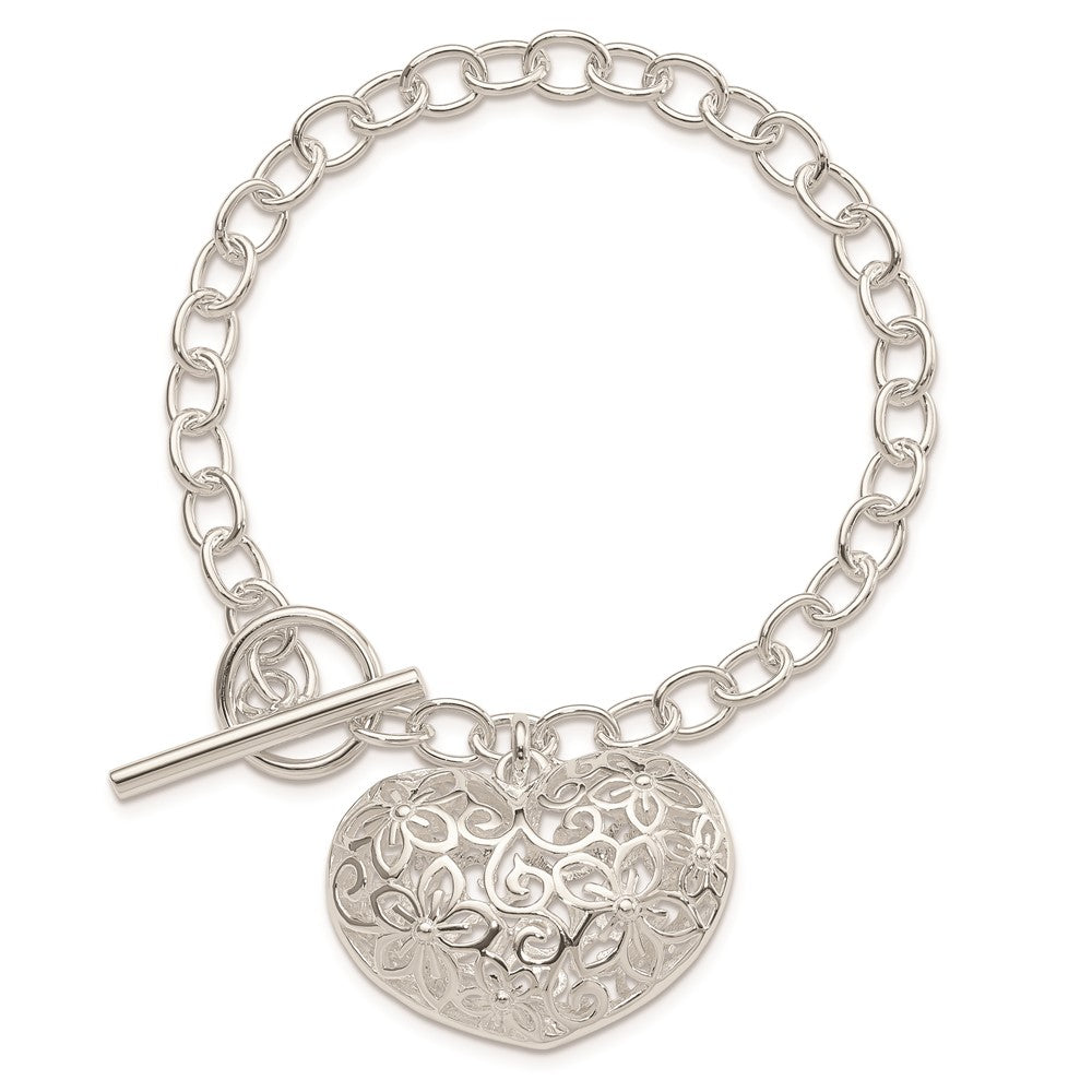 Sterling Silver Puffed Filigree Heart Toggle Bracelet QG2978-7.75