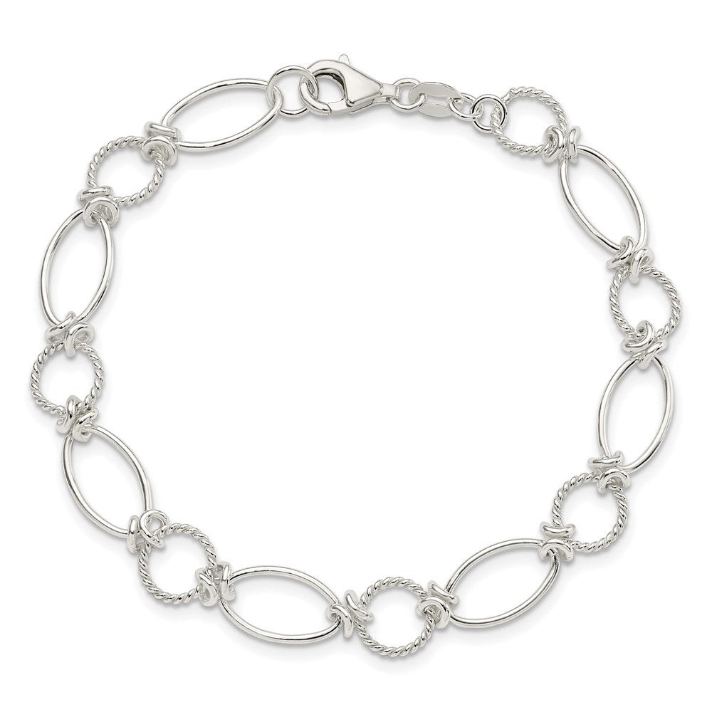Sterling Silver Polished Textured Fancy Circle and Oval Link Bracelet QG3059-7.5