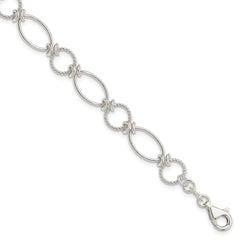 Sterling Silver Polished Textured Fancy Circle and Oval Link Bracelet QG3059-7.5