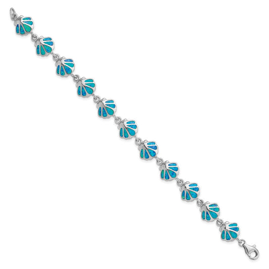 Sterling Silver Rhodium-plated 7in Created Blue Opal Inlay Shell Bracelet QG3112-7