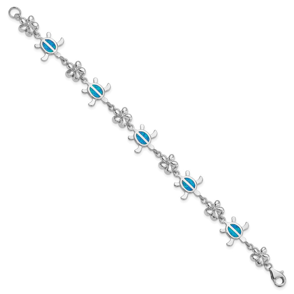 Sterling Silver Rhodium-plated Polished 7 inch Created Blue Opal Tortoise with Flower Bracelet QG3114-7
