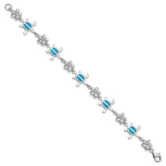 Sterling Silver Rhodium-plated Polished 7 inch Created Blue Opal Tortoise with Flower Bracelet QG3114-7