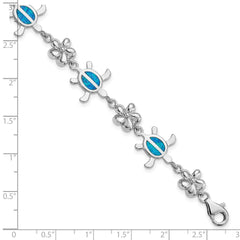 Sterling Silver Rhodium-plated Polished 7 inch Created Blue Opal Tortoise with Flower Bracelet QG3114-7