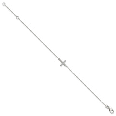 Sterling Silver Rhodium-plated CZ Sideways Cross w/1in Ext Bracelet QG3470-7