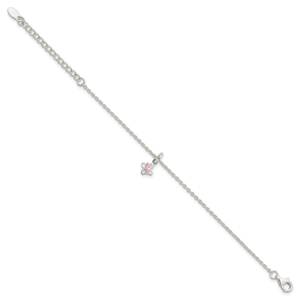 Sterling Silver Polished Pink CZ Butterfly w/ 1.5in Ext. Children's Bracele QG3503-5