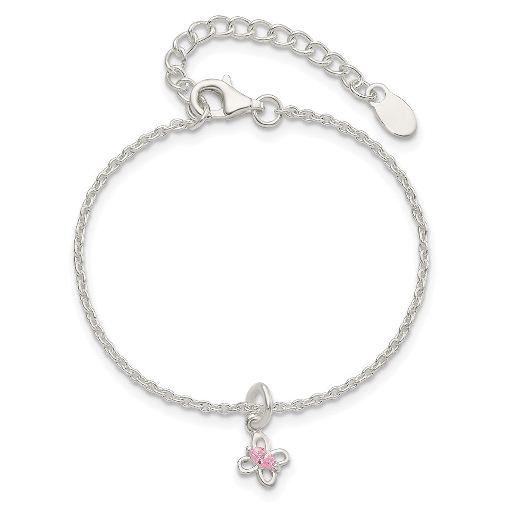 Sterling Silver Polished Pink CZ Butterfly w/ 1.5in Ext. Children's Bracele QG3503-5