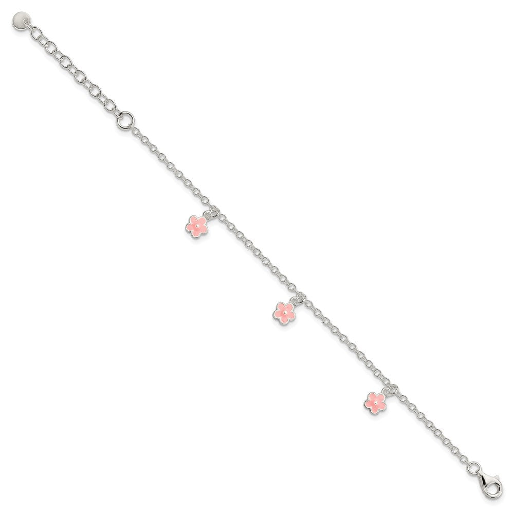 Sterling Silver Polished Pink Enamel Flowers w/1.5in Ext Children's Bracele QG3514-5.5