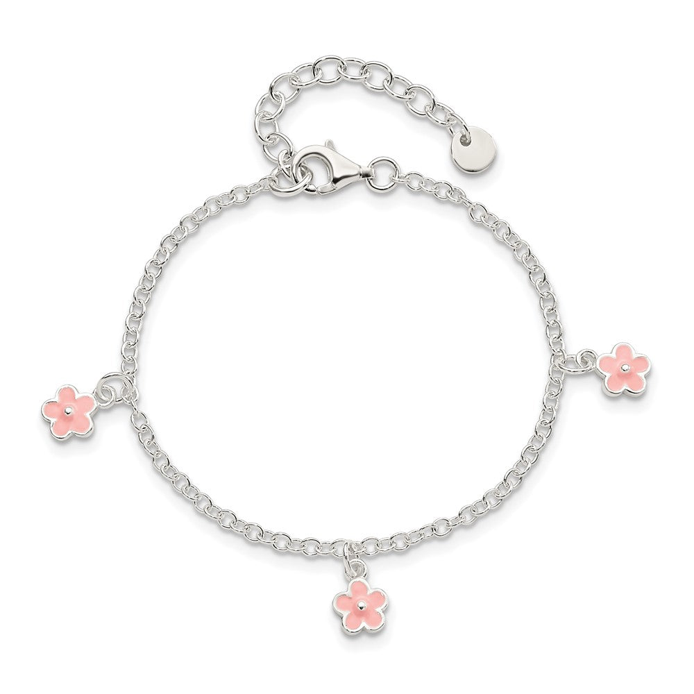 Sterling Silver Polished Pink Enamel Flowers w/1.5in Ext Children's Bracele QG3514-5.5