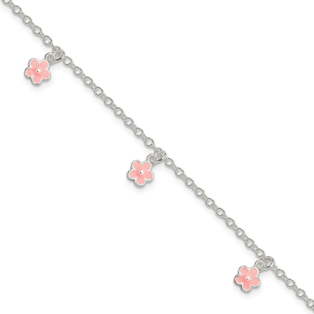 Sterling Silver Polished Pink Enamel Flowers w/1.5in Ext Children's Bracele QG3514-5.5