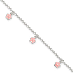 Sterling Silver Polished Pink Enamel Flowers w/1.5in Ext Children's Bracele QG3514-5.5