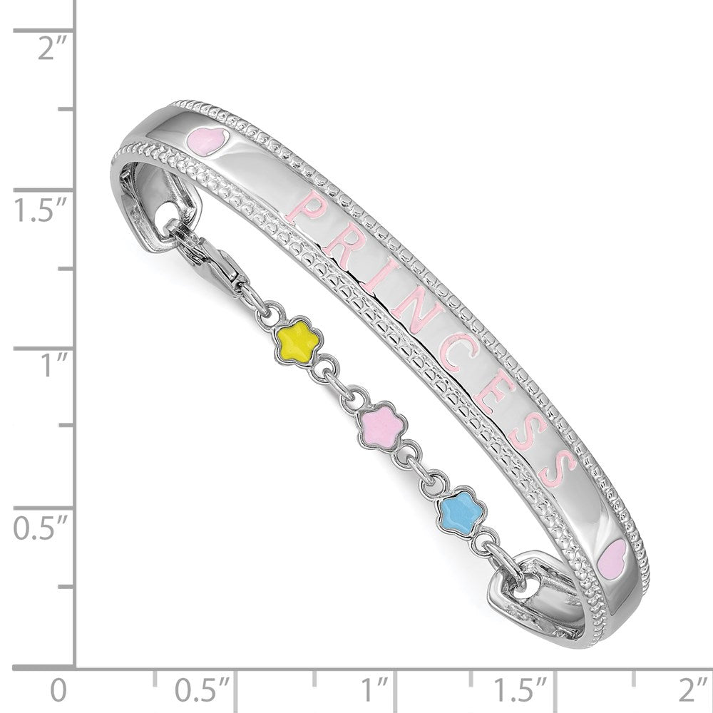 Sterling Silver Rhodium-plated Polished & Beaded Multi-color Enameled Flowers & Hearts PRINCESS with Chain Baby Bangle QG3534