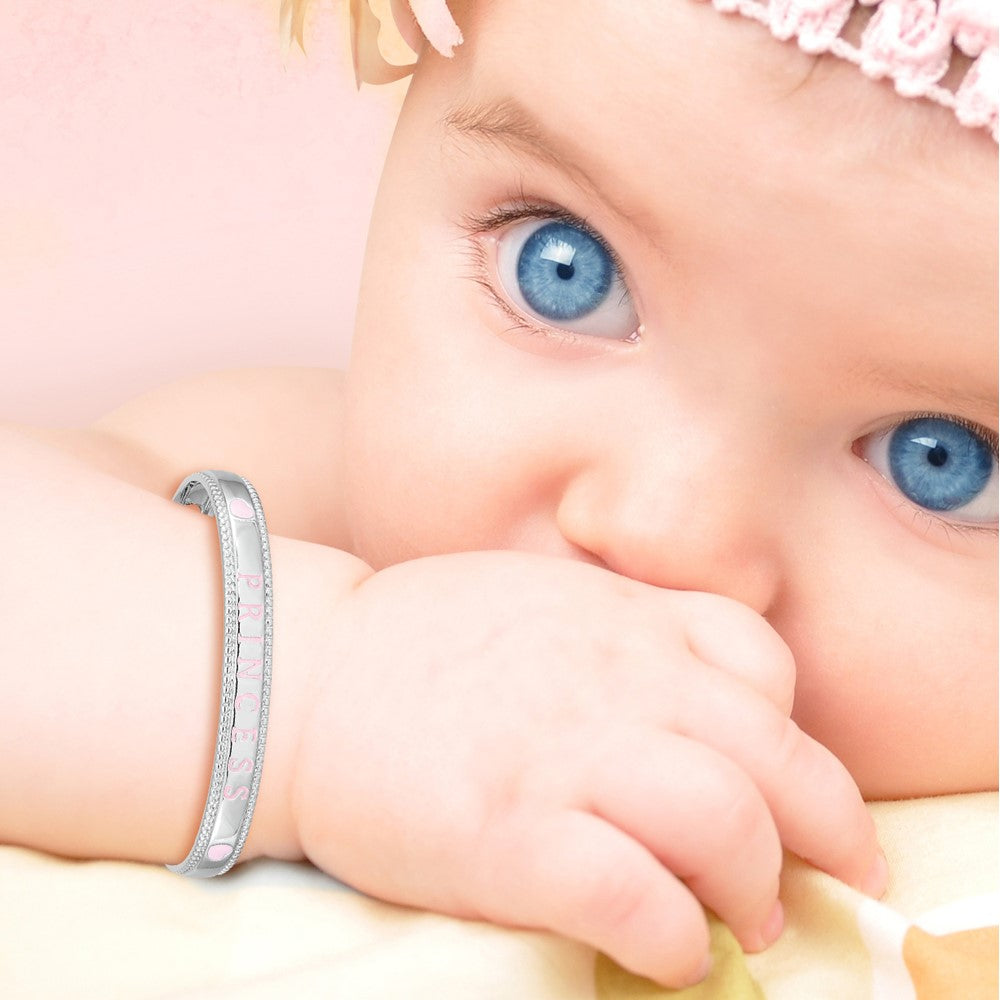 Sterling Silver Rhodium-plated Polished & Beaded Crystal & Multi-color Enameled PRINCESS with Chain Baby Bangle QG3535