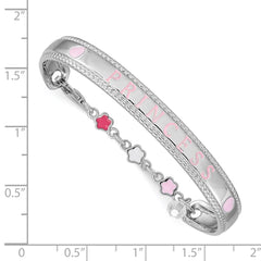 Sterling Silver Rhodium-plated Polished & Beaded Crystal & Multi-color Enameled PRINCESS with Chain Baby Bangle QG3535