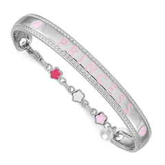 Sterling Silver Rhodium-plated Polished & Beaded Crystal & Multi-color Enameled PRINCESS with Chain Baby Bangle QG3535