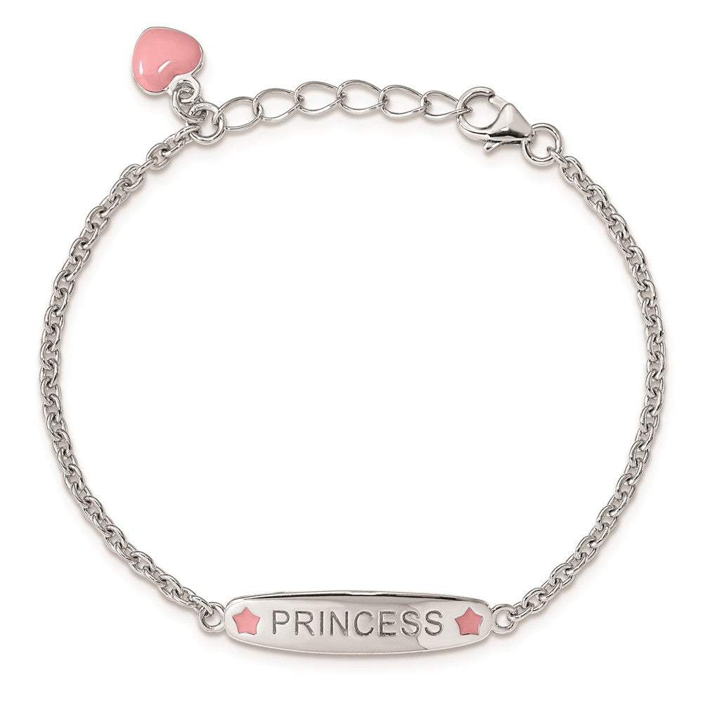 Sterling Silver Rhodium-plated Polished & Pink Enameled PRINCESS with 1 Inch Extension Children's Bracelet QG3537-6