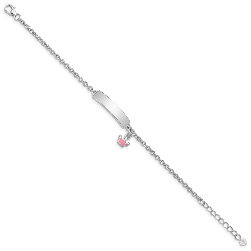 Sterling Silver Rhodium-plated Polished & Pink Enameled Crown with 1 Inch Extension Children's ID Bracelet QG3538