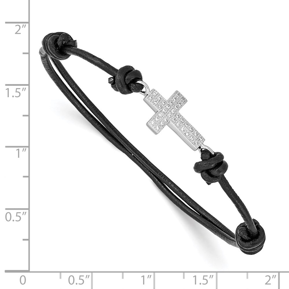 Sterling Silver Rhodium-plated CZ Cross Black Leather Adjustable Bracelet QG3570