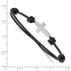 Sterling Silver Rhodium-plated CZ Cross Black Leather Adjustable Bracelet QG3570