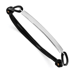 Sterling Silver Rhodium-plated ID Plate w/Black Leather Adjustable Bracelet QG3574
