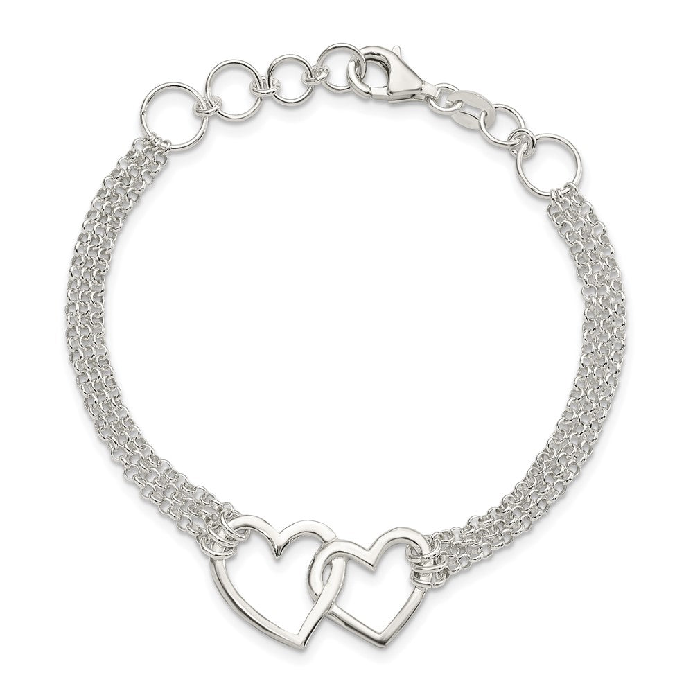 Sterling Silver Polished 3-strand w/.5in. Ext. Heart Bracelet QG3608-7