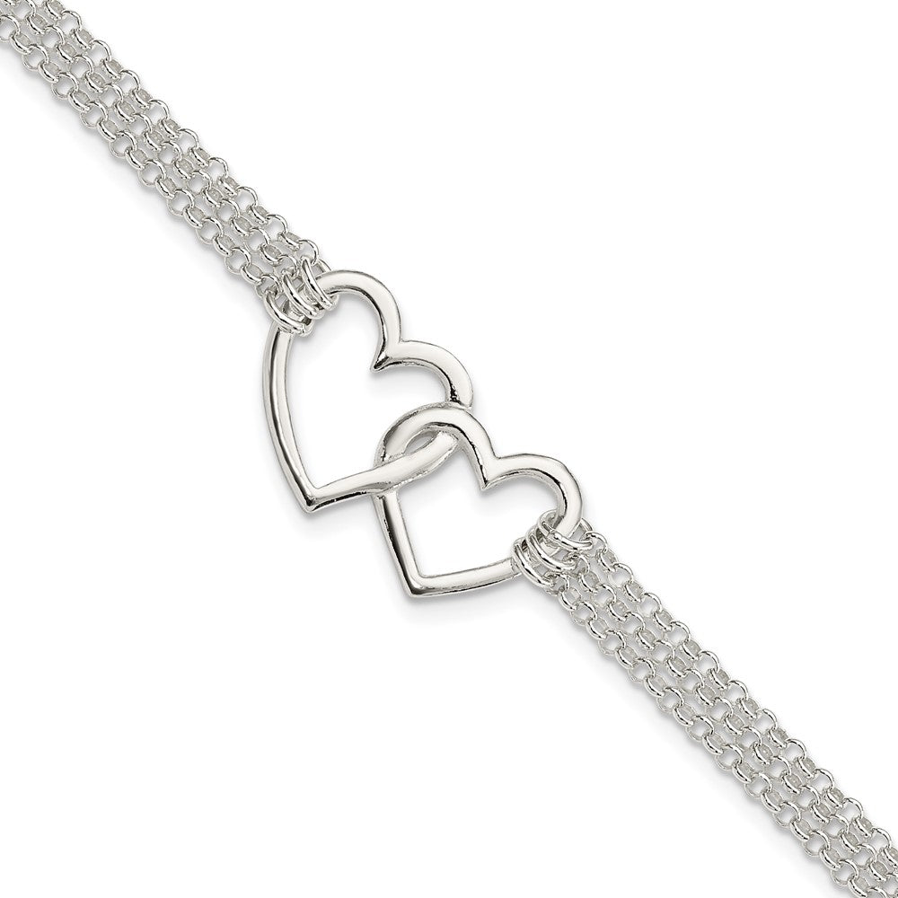 Sterling Silver Polished 3-strand w/.5in. Ext. Heart Bracelet QG3608-7