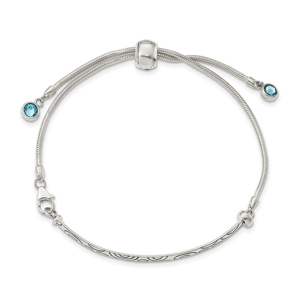 Sterling Silver Antiqued Blue Crystal Round Bezel Adjustable Bracelet QG3637