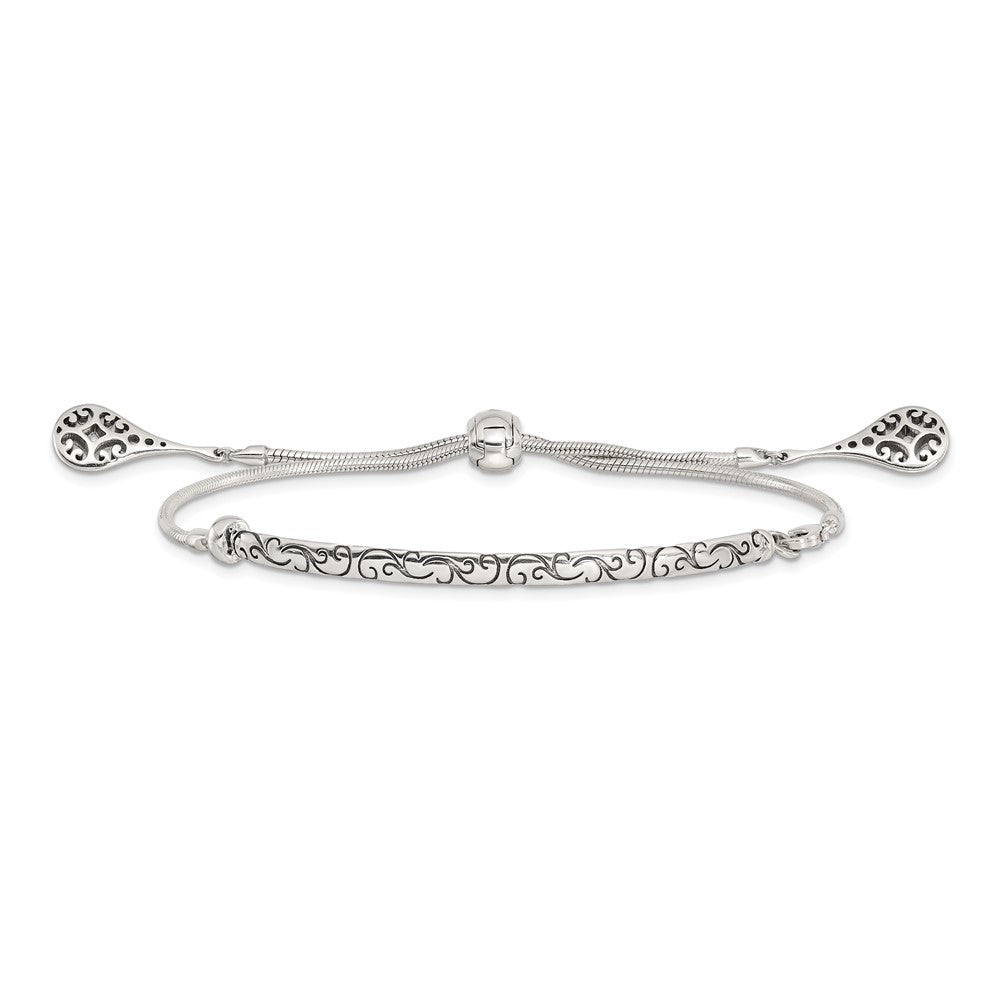 Sterling Silver Antiqued Filigree Drops Adjustable Bracelet QG3638