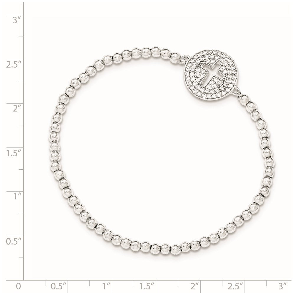 Sterling Silver Rhodium-plated CZ Cross Polished Beaded Stretch Bracelet QG3912