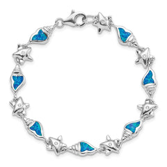 Sterling Silver Rhodium Starfish CZ and Created Opal Seashell 7.25 inch Bracelet QG3987-7.25