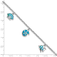 Sterling Silver Rhodium Created Opal Fish and Shells Charm 7.25 inch Bracelet QG3989-7.25
