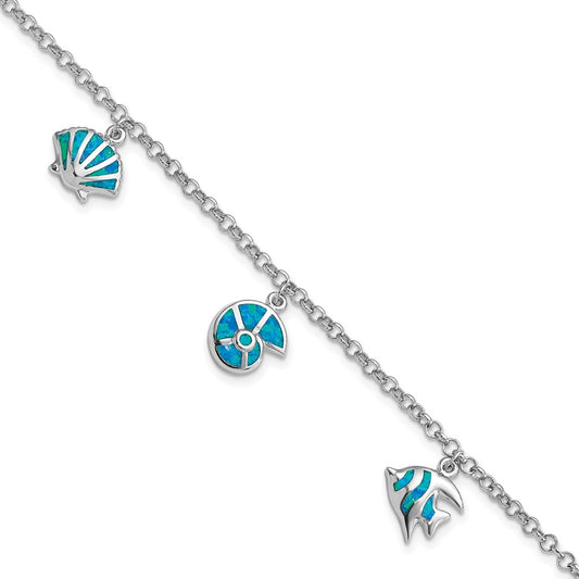 Sterling Silver Rhodium Created Opal Fish and Shells Charm 7.25 inch Bracelet QG3989-7.25