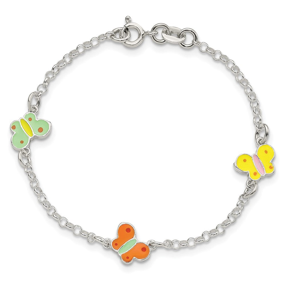 Sterling Silver Polished Multi-color Enamel Butterflies Children's Bracelet QG4076-6