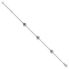 Sterling Silver Rhodium-plated Red, Green and Blue Glass Hearts with 1 Inch Extension Bracelet QG4080-6