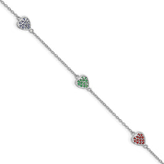 Sterling Silver Rhodium-plated Red, Green and Blue Glass Hearts with 1 Inch Extension Bracelet QG4080-6