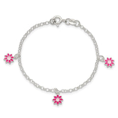 Sterling Silver Polished Pink Enameled Flowers Children's Bracelet QG4089-6