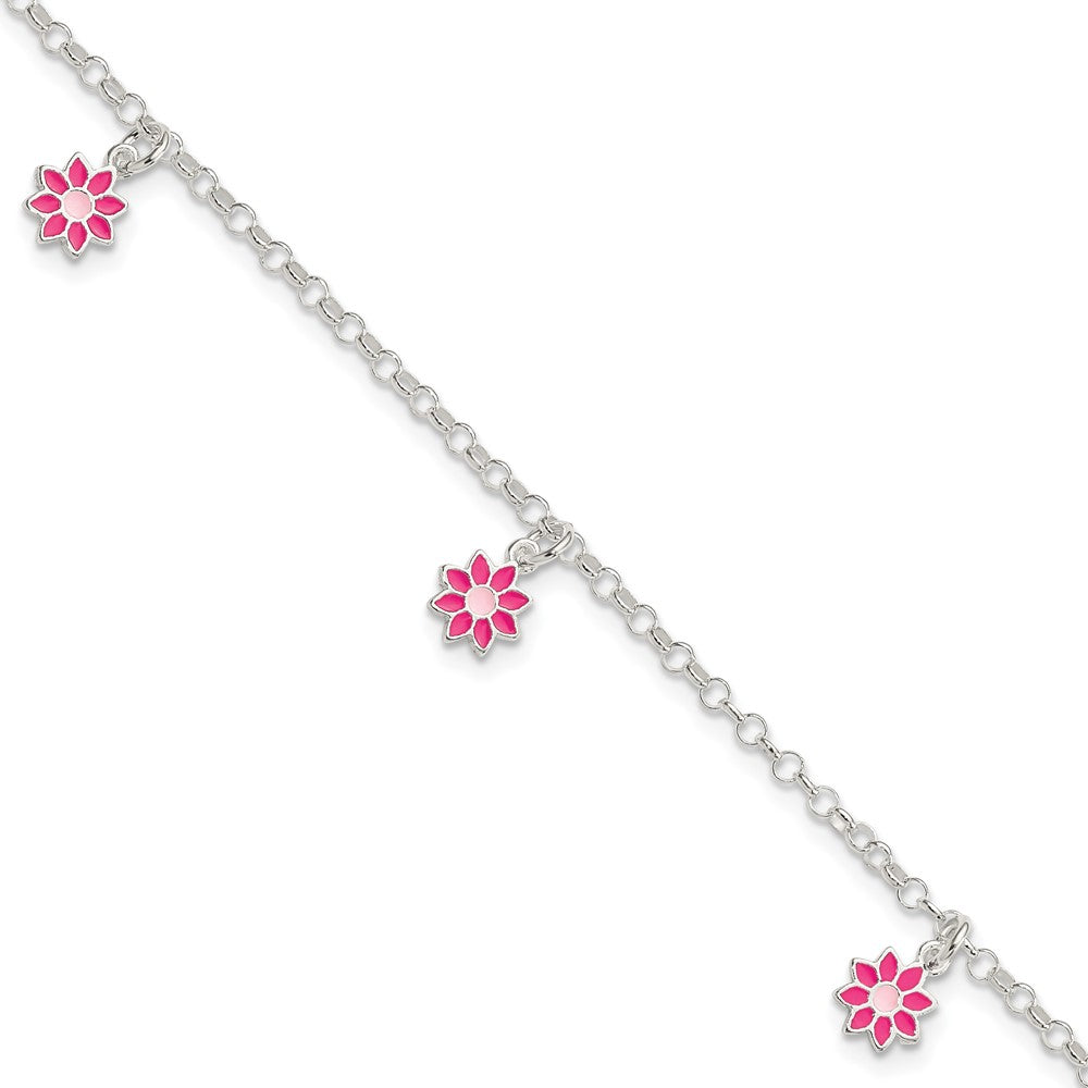 Sterling Silver Polished Pink Enameled Flowers Children's Bracelet QG4089-6