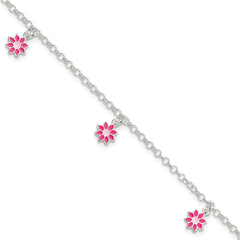 Sterling Silver Polished Pink Enameled Flowers Children's Bracelet QG4089-6