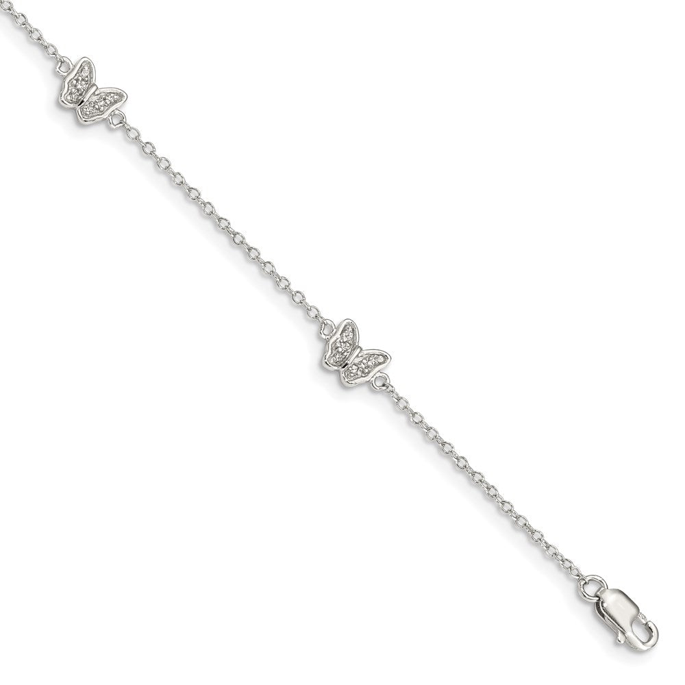 Sterling Silver Rhodium-plated Polished CZ Butterflies 6 inch Bracelet with 1 inch extension QG4098-6