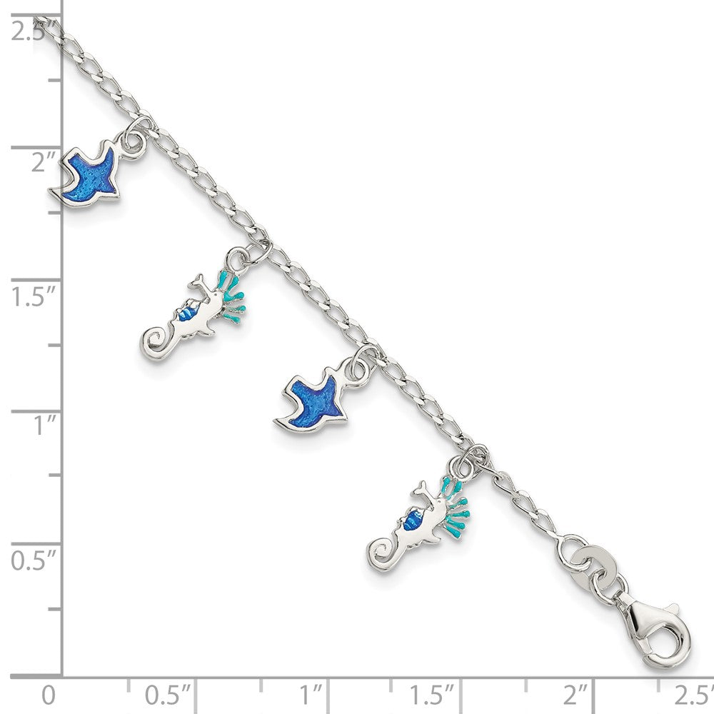 Sterling Silver Enameled Seahorse & Birds w/ 1in ext. Children's Bracelet QG4099-5