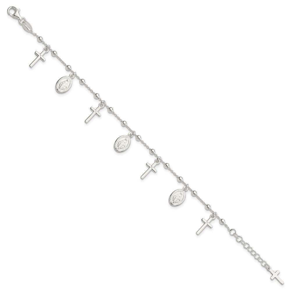 Sterling Silver Polished w/1in ext Cross Miraculous Medal Bracelet QG4251-6.25