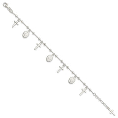Sterling Silver Polished w/1in ext Cross Miraculous Medal Bracelet QG4251-6.25