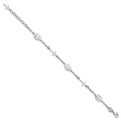 Sterling Silver RH-Plate Cross Miraculous Medal 6in w/1in ext Bracelet QG4256-7.5