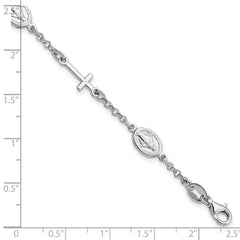 Sterling Silver RH-Plate Cross Miraculous Medal 6in w/1in ext Bracelet QG4256-7.5