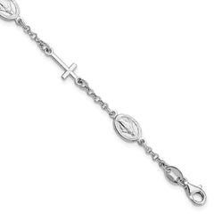 Sterling Silver RH-Plate Cross Miraculous Medal 6in w/1in ext Bracelet QG4256-7.5