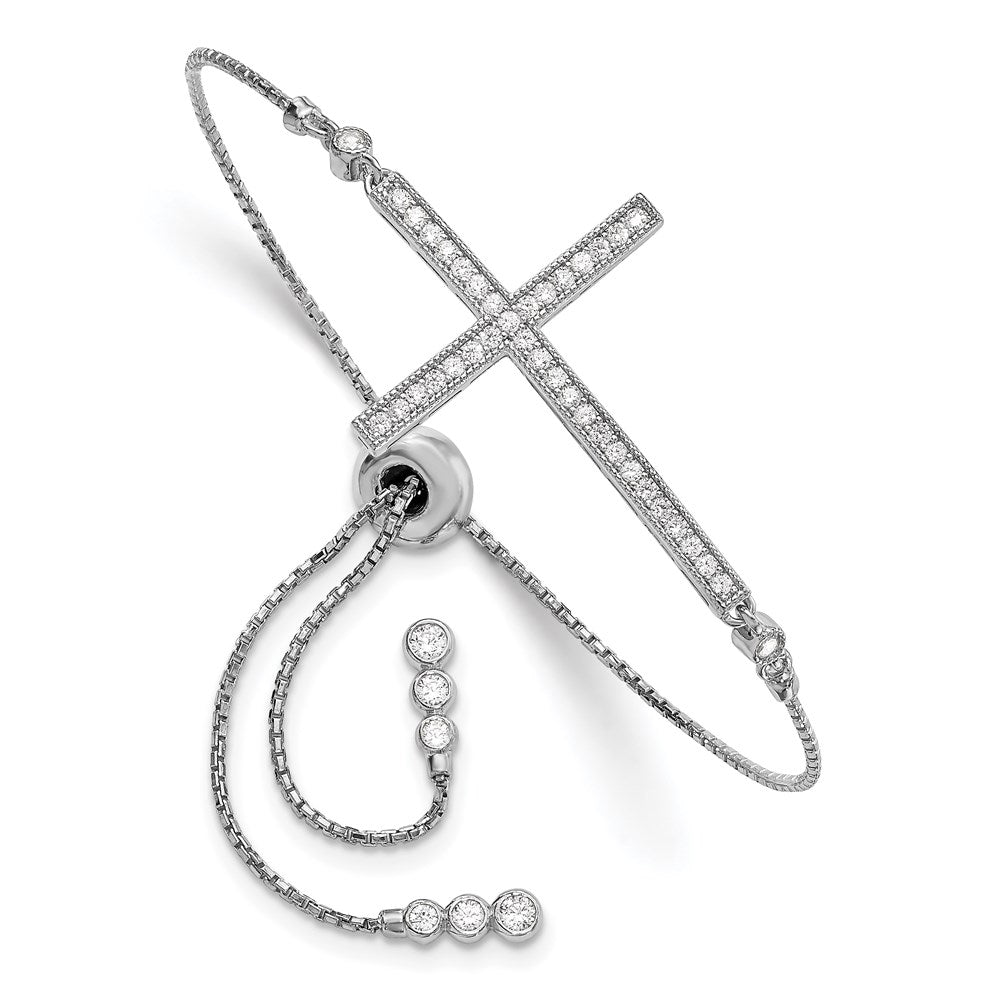 Sterling Silver Rhodium-plated CZ Polished Adjustable Cross Bracelet QG4653