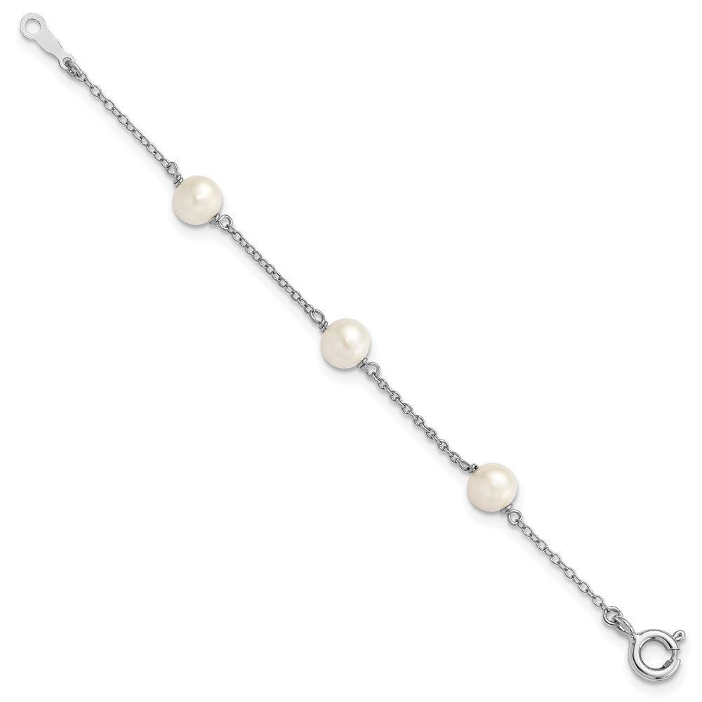 Sterling Silver Rhodium-plated 5-5.5mm White Semi-Round Freshwater Cultured Pearl 3-Station Children's 4 inch Bracelet QG4656-4